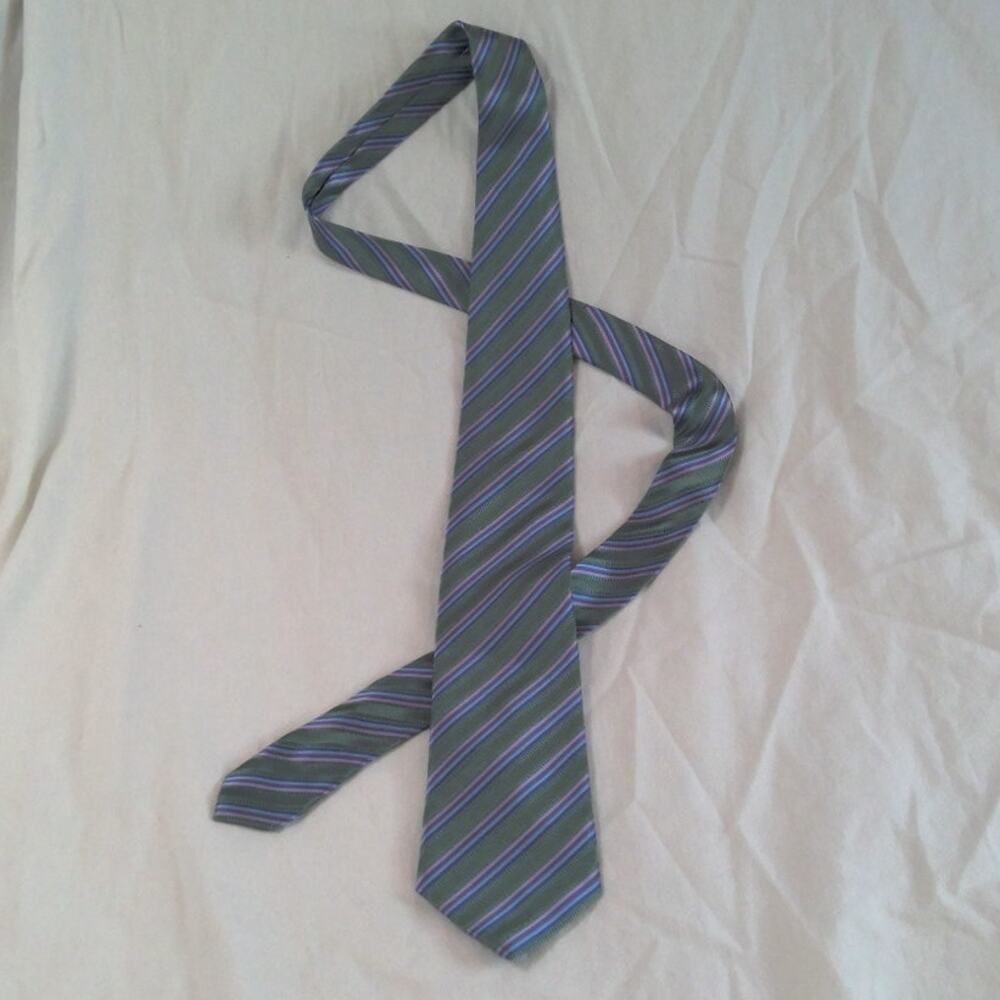 Daniel De Fasson Studio Neck Tie Green w/ Purple/Blue Diagonal Stripes 100% Silk
